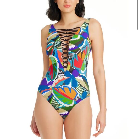 NWOT Bleu by Rod Beattie Women’s The Mix Lace-Down One-Piece Swimsuit Sz 14 - Picture 1 of 7